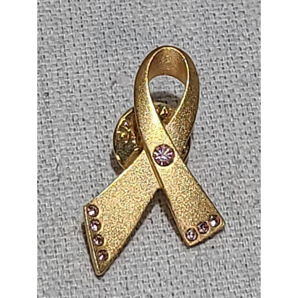 Vintage Avon Breast Cancer Awareness Pin Ribbon Rose Gold Tone Pink Stones